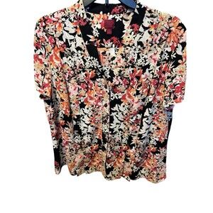 212 COLLECTION Short Sleeve Blouse Pink Black Floral Career Business Shirt Top